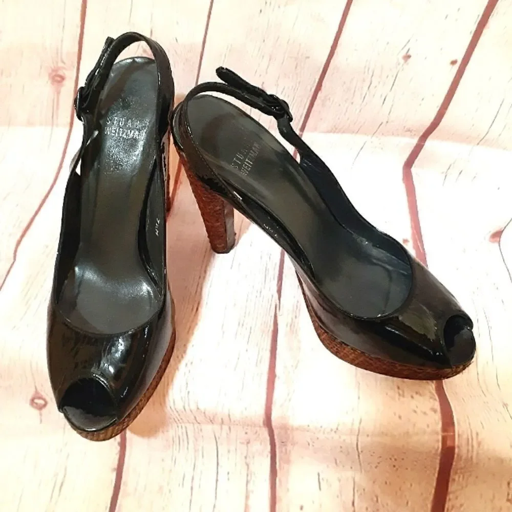 Stuart Weitzman Black Patent Leather Peeptoe Slingback Pumps sz.7.5M MSRP $395